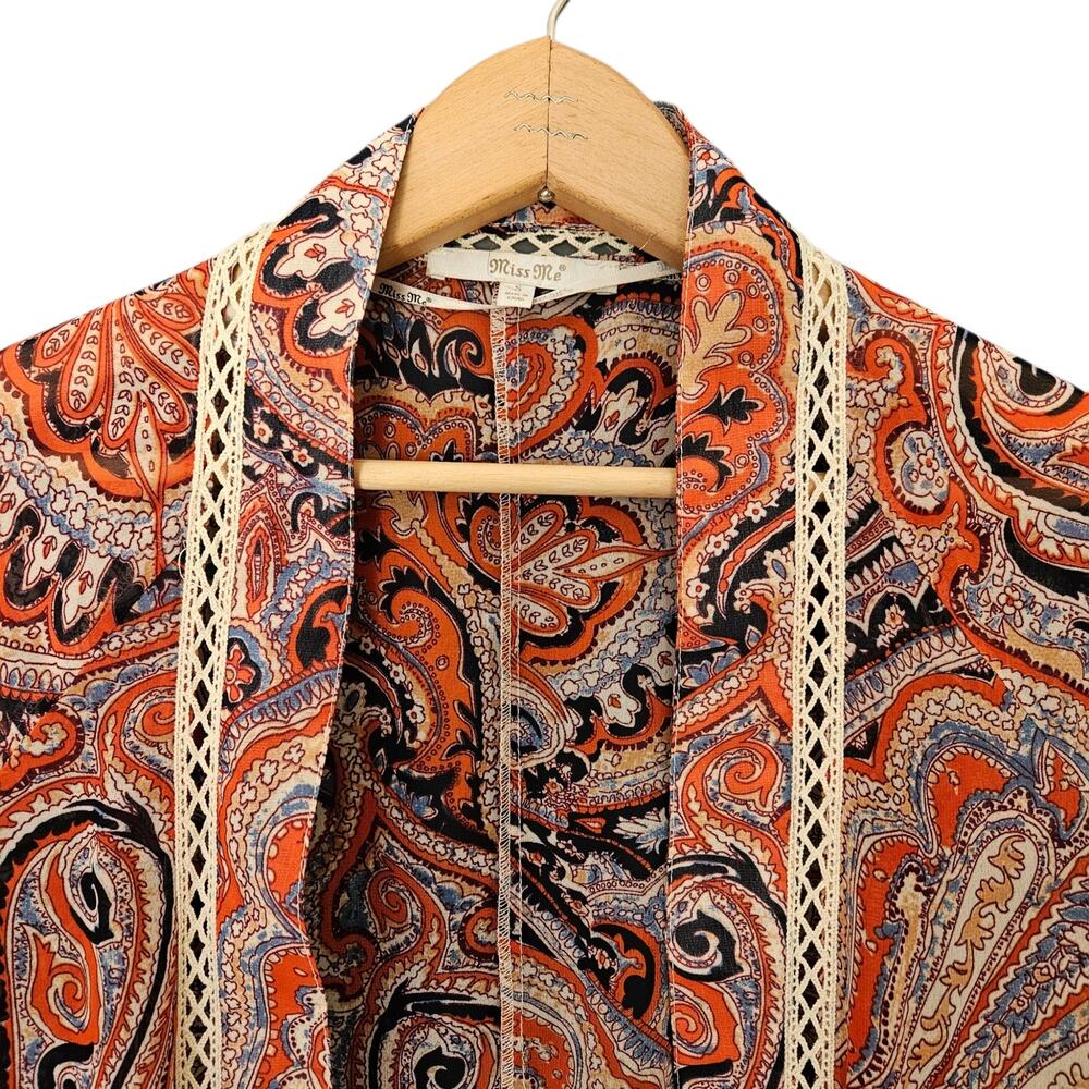 Miss Me Boho Style Paisley Print Open Front Cardigan Fringe Hem Festival Small - Picture 4 of 14